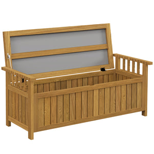 Banc de jardin en bois 2 places avec espace de rangement de 186L, banc d'extérieur avec accoudoirs, charge 240 kg, pour jardin balcon, 128,5 x 56 x 53,5 cm marron