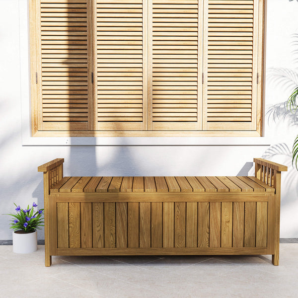 Banc de jardin en bois 2 places avec espace de rangement de 186L, banc d'extérieur avec accoudoirs, charge 240 kg, pour jardin balcon, 128,5 x 56 x 53,5 cm marron