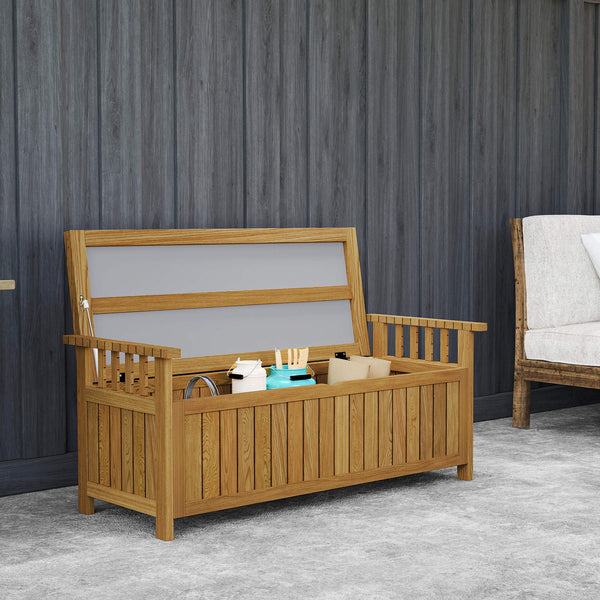 Banc de jardin en bois 2 places avec espace de rangement de 186L, banc d'extérieur avec accoudoirs, charge 240 kg, pour jardin balcon, 128,5 x 56 x 53,5 cm marron