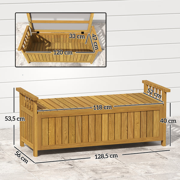 Banc de jardin en bois 2 places avec espace de rangement de 186L, banc d'extérieur avec accoudoirs, charge 240 kg, pour jardin balcon, 128,5 x 56 x 53,5 cm marron