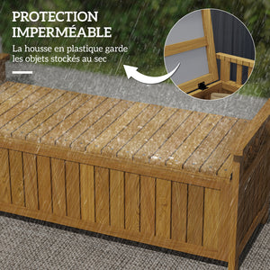 Banc de jardin en bois 2 places avec espace de rangement de 186L, banc d'extérieur avec accoudoirs, charge 240 kg, pour jardin balcon, 128,5 x 56 x 53,5 cm marron