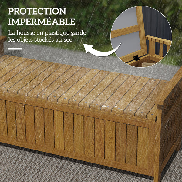 Banc de jardin en bois 2 places avec espace de rangement de 186L, banc d'extérieur avec accoudoirs, charge 240 kg, pour jardin balcon, 128,5 x 56 x 53,5 cm marron