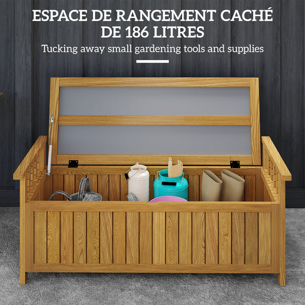 Banc de jardin en bois 2 places avec espace de rangement de 186L, banc d'extérieur avec accoudoirs, charge 240 kg, pour jardin balcon, 128,5 x 56 x 53,5 cm marron