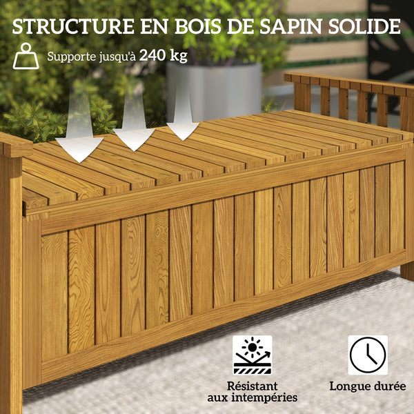 Banc de jardin en bois 2 places avec espace de rangement de 186L, banc d'extérieur avec accoudoirs, charge 240 kg, pour jardin balcon, 128,5 x 56 x 53,5 cm marron