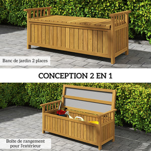 Banc de jardin en bois 2 places avec espace de rangement de 186L, banc d'extérieur avec accoudoirs, charge 240 kg, pour jardin balcon, 128,5 x 56 x 53,5 cm marron