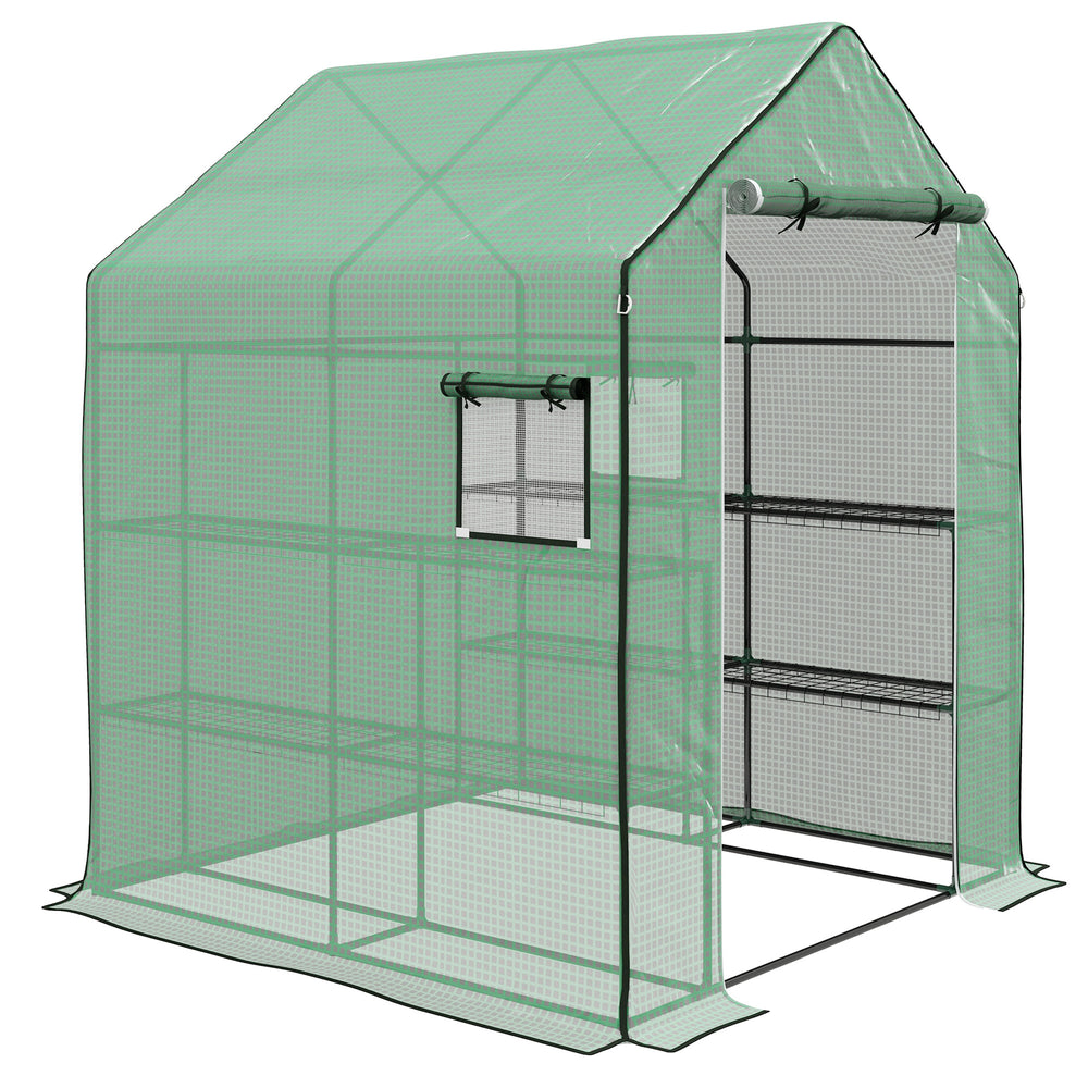 Serre de jardin PE avec étagères 3 niveaux, serre de balcon, bâche renforcée 135 g/m², châssis en acier, porte zippée enroulable, pour légumes plantes fleurs, 140x143x190cm, vert