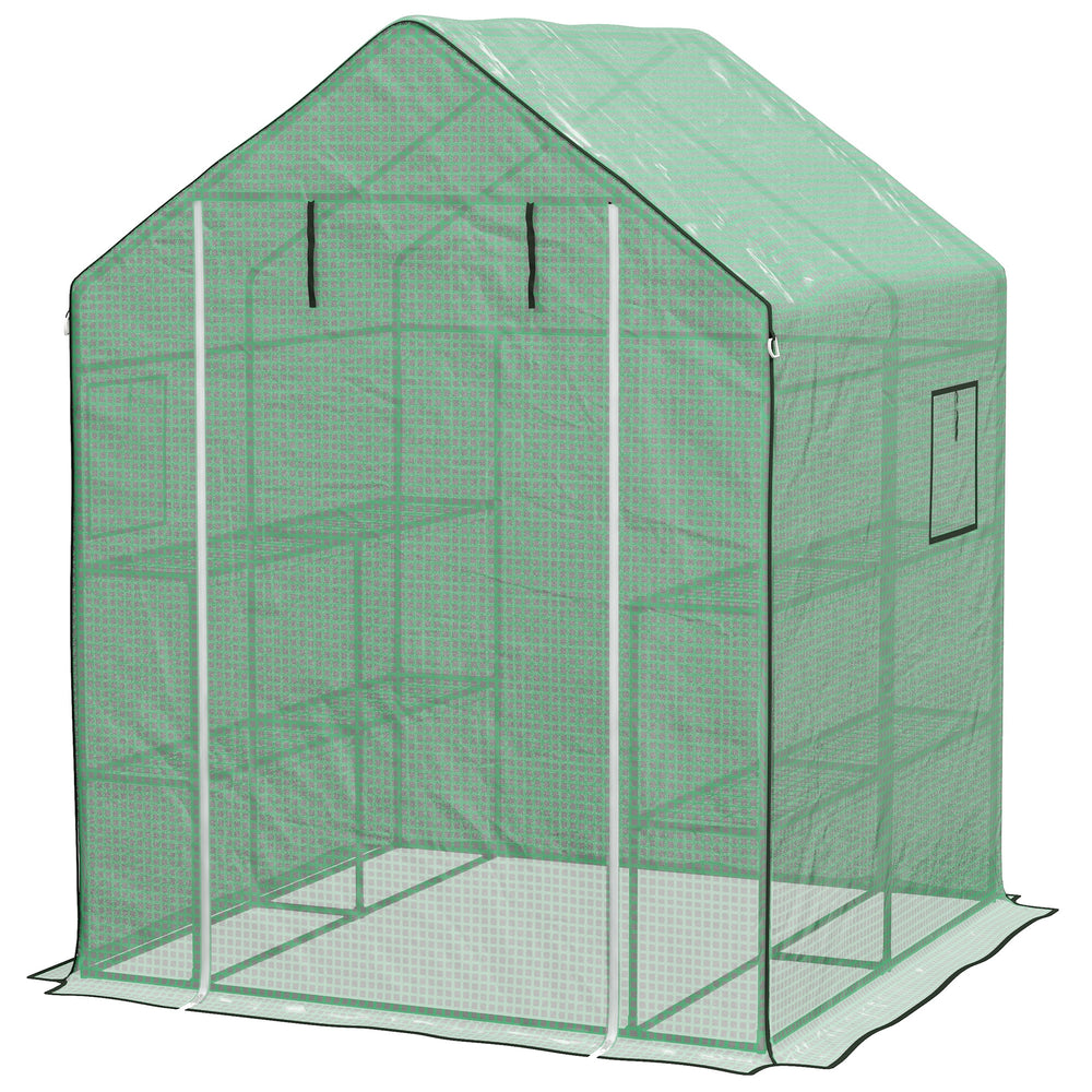 Serre de jardin PE avec étagères 3 niveaux, serre de balcon, bâche renforcée 135 g/m², châssis en acier, porte zippée enroulable, pour légumes plantes fleurs, 140x143x190cm, vert