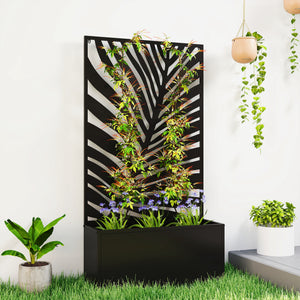 Jardinière avec treillis, bac à fleurs, lit surélevé avec brise-vue, pour plantes grimpantes, légumes, fleurs, métal, pour cour, jardin, balcon, 61 x 23 x 113 cm, noir