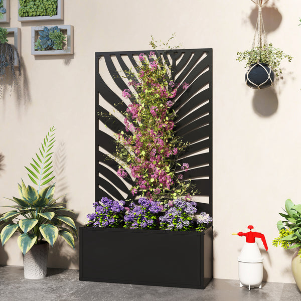 Jardinière avec treillis, bac à fleurs, lit surélevé avec brise-vue, pour plantes grimpantes, légumes, fleurs, métal, pour cour, jardin, balcon, 61 x 23 x 113 cm, noir