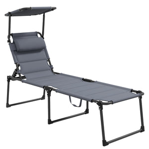 Bain de soleil, chaise longue pliante avec pare-soleil, appuie-tête en tissu Oxford, transat jardin extérieur inclinable de plage camping piscine terrasse 70 x 200 x 45 cm gris