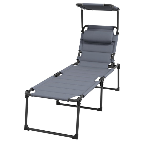 Bain de soleil, chaise longue pliante avec pare-soleil, appuie-tête en tissu Oxford, transat jardin extérieur inclinable de plage camping piscine terrasse 70 x 200 x 45 cm gris