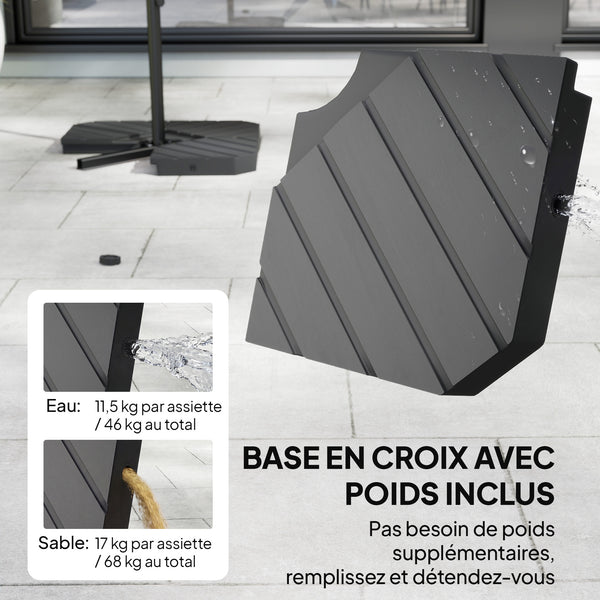 Parasol déporté 3 m avec pied en croix et dalles lestage, parasol de jardin extérieur avec manivelle et loquet de verrouillage, toile polyester 180 g/m², protection UV 30+, crème