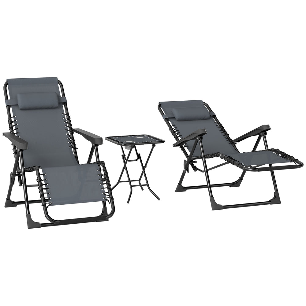 Lot de 2 chaise longue pliable et inclinable avec table d'appoint, fauteuil relax jardin de gravité zéro transat bain de soleil avec porte-gobelets et appuie-tête, charge 120 kg, gris