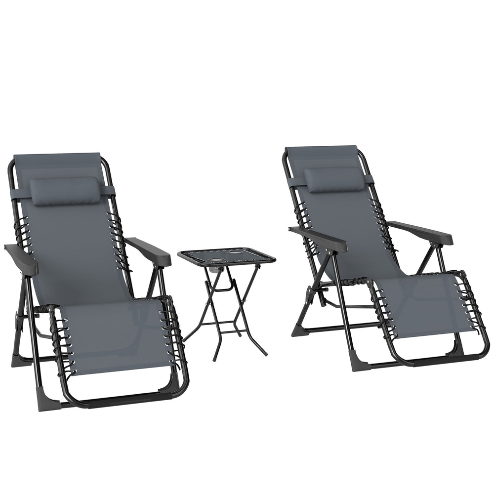 Lot de 2 chaise longue pliable et inclinable avec table d'appoint, fauteuil relax jardin de gravité zéro transat bain de soleil avec porte-gobelets et appuie-tête, charge 120 kg, gris