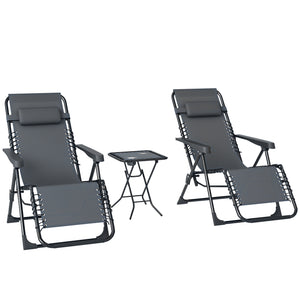 Lot de 2 chaise longue pliable et inclinable avec table d'appoint, fauteuil relax jardin de gravité zéro transat bain de soleil avec porte-gobelets et appuie-tête, charge 120 kg, gris