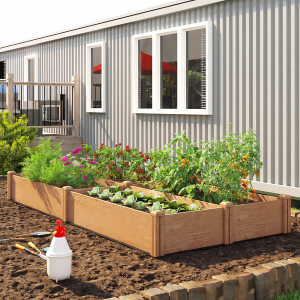 Carré Potager en Bois 234x109x25cm - Lit de Jardin Surélevé 4 Zones de Culture - Jardinière Extérieure à Fond Ouvert avec Montage sans Outil, pour Légumes, Fleurs, Marron Clair