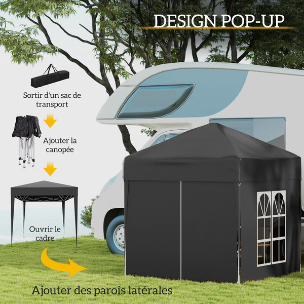 Tonnelle de jardin extérieure 2 x 2 m, tonnelle pliante pop-up, réglable en hauteur, protection UV, cadre en acier, 4 côtés amovibles, pour camping, festival, plage, sac de transport, noir