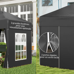 Tonnelle de jardin extérieure 2 x 2 m, tonnelle pliante pop-up, réglable en hauteur, protection UV, cadre en acier, 4 côtés amovibles, pour camping, festival, plage, sac de transport, noir