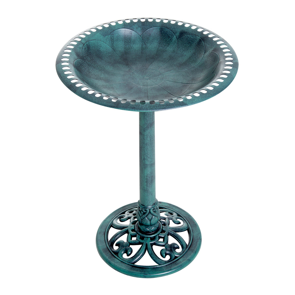 Bain d'oiseaux plateau de diamètre 50cm, abreuvoir oiseaux extérieur sur pied hauteur 69,5 cm, mangeoire oiseaux design coquille et décoration fleur-de-lys, érugineux