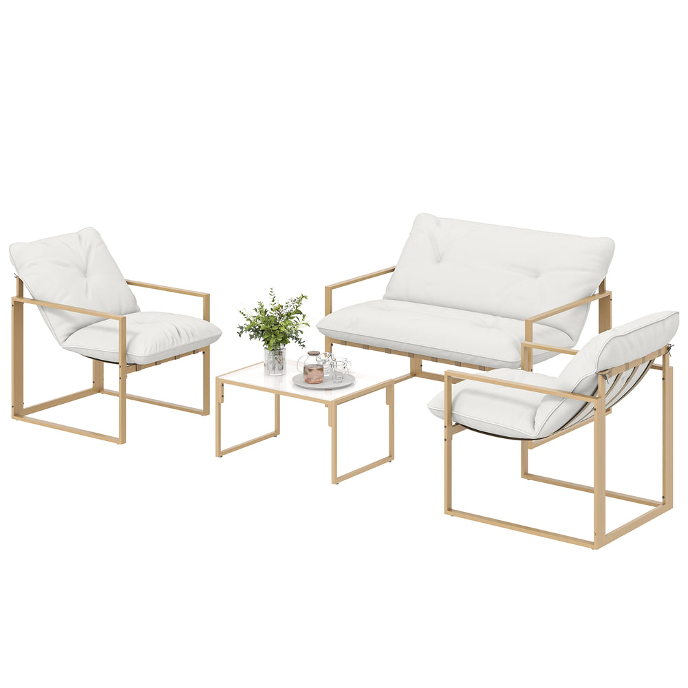 Salon de jardin extérieur 4 pièces avec coussins ultra-épais 15cm - ensemble mobilier de jardin et salon bas pour terrasse - canapé 2 places avec table basse et 2 fauteuils, cadre acier kaki