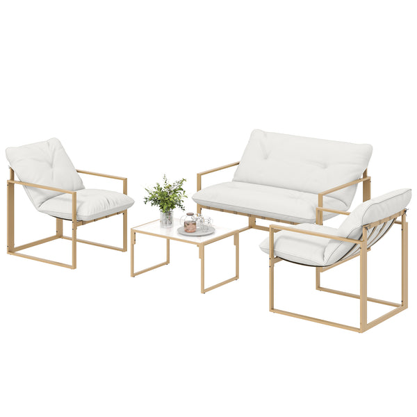 Salon de jardin extérieur 4 pièces avec coussins ultra-épais 15cm - ensemble mobilier de jardin et salon bas pour terrasse - canapé 2 places avec table basse et 2 fauteuils, cadre acier kaki
