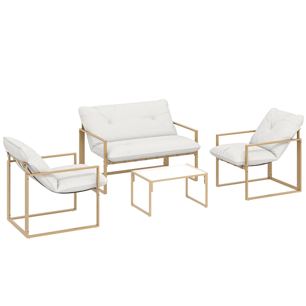 Salon de jardin extérieur 4 pièces avec coussins ultra-épais 15cm - ensemble mobilier de jardin et salon bas pour terrasse - canapé 2 places avec table basse et 2 fauteuils, cadre acier kaki