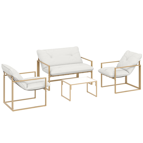 Salon de jardin extérieur 4 pièces avec coussins ultra-épais 15cm - ensemble mobilier de jardin et salon bas pour terrasse - canapé 2 places avec table basse et 2 fauteuils, cadre acier kaki