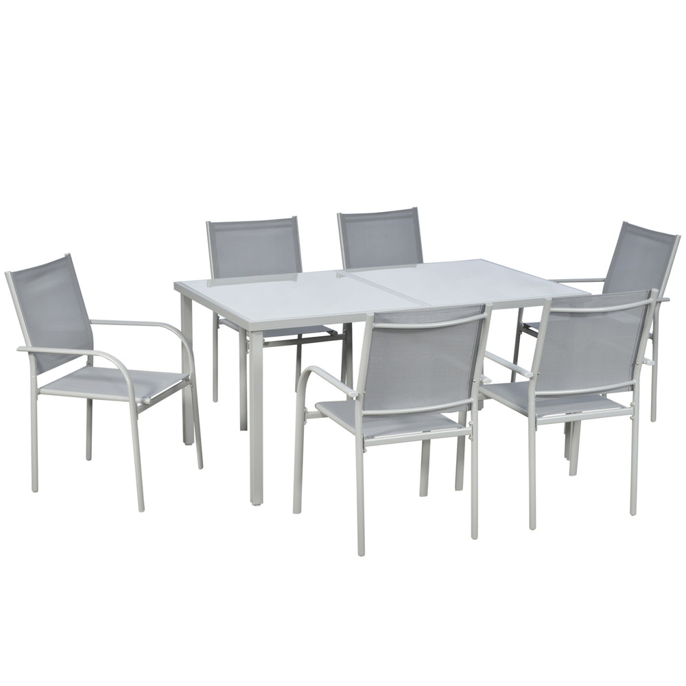 Ensemble de jardin 6 chaise + 1 table en acier salon de jardin 7 pièces chaises empilables plateau en verre trempé gris