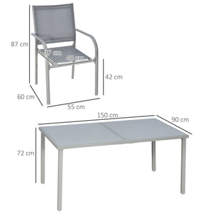 Ensemble de jardin 6 chaise + 1 table en acier salon de jardin 7 pièces chaises empilables plateau en verre trempé gris