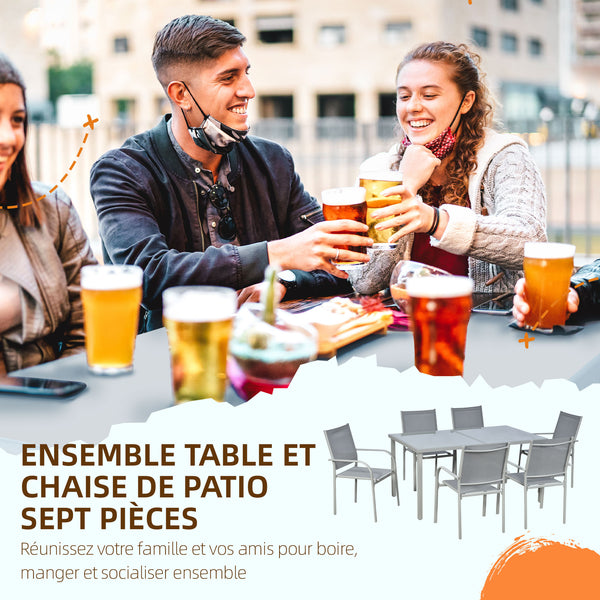 Ensemble de jardin 6 chaise + 1 table en acier salon de jardin 7 pièces chaises empilables plateau en verre trempé gris