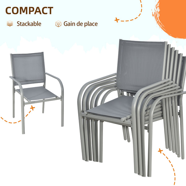 Ensemble de jardin 6 chaise + 1 table en acier salon de jardin 7 pièces chaises empilables plateau en verre trempé gris