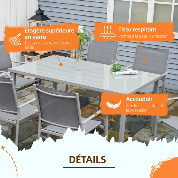 Ensemble de jardin 6 chaise + 1 table en acier salon de jardin 7 pièces chaises empilables plateau en verre trempé gris