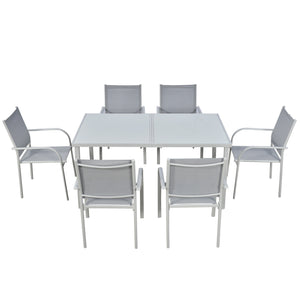 Ensemble de jardin 6 chaise + 1 table en acier salon de jardin 7 pièces chaises empilables plateau en verre trempé gris