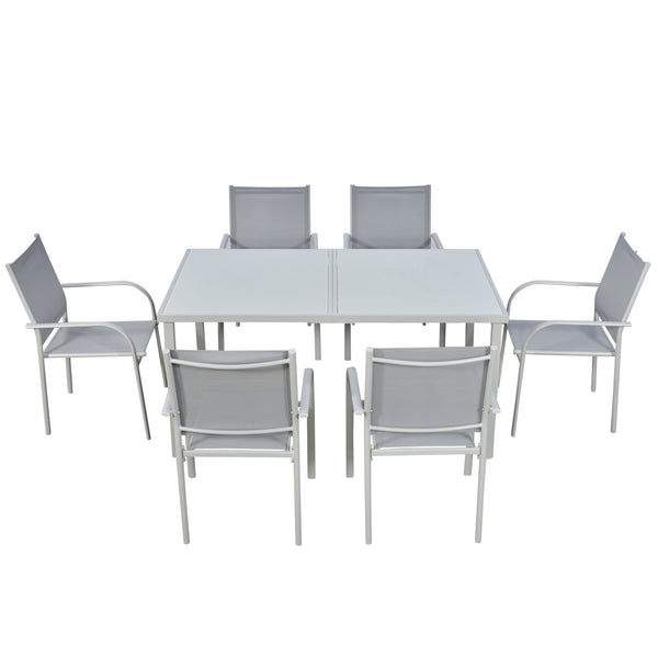 Ensemble de jardin 6 chaise + 1 table en acier salon de jardin 7 pièces chaises empilables plateau en verre trempé gris