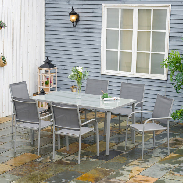 Ensemble de jardin 6 chaise + 1 table en acier salon de jardin 7 pièces chaises empilables plateau en verre trempé gris