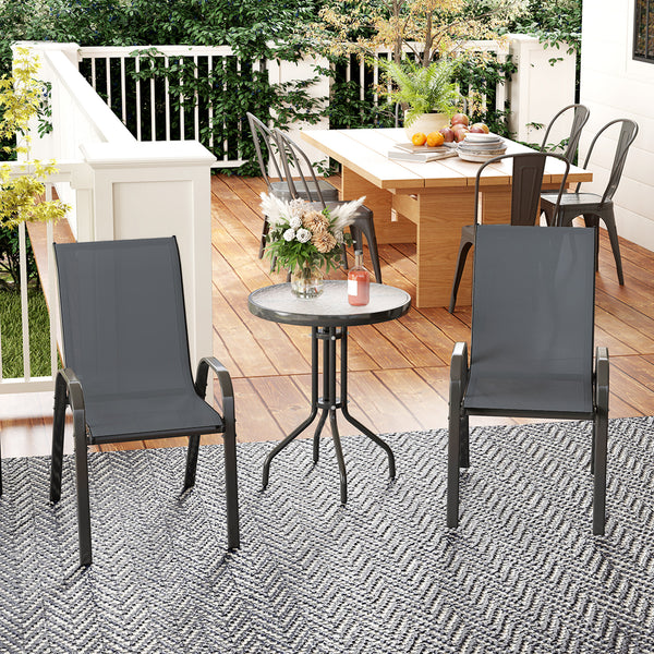 3 pièces salon de jardin extérieur, ensemble de meubles 2 fauteuils empilables, table basse avec dessus en verre trempé, tissu en textilène, pour patio, terrasse, balcon, gris foncé