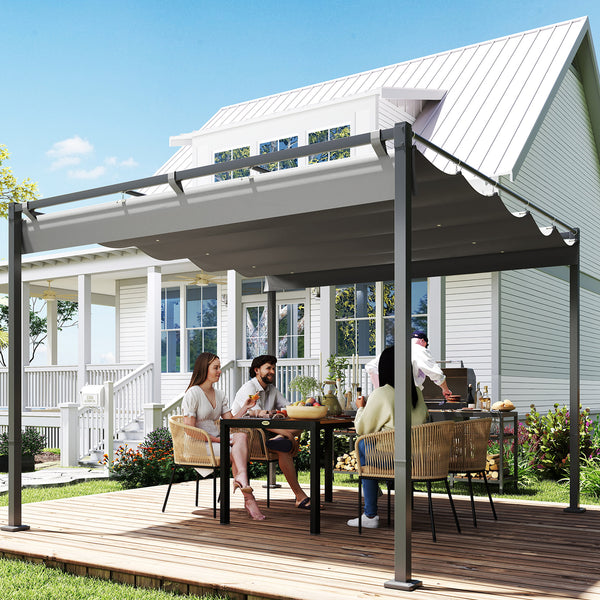 Pergola Rétractable Coulissante 3 x 3 m, tonnelle de Jardin à fixation magnétique Tissu Polyester Haute densité 180g/m² résistant aux UV, pour patios, jardin, terrasse, arrière-cours, gris