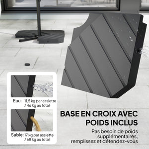 Parasol déporté 3 m avec pied en croix et dalles lestage, parasol de jardin extérieur avec manivelle et loquet de verrouillage, toile polyester 180 g/m², protection UV 30+, gris foncé