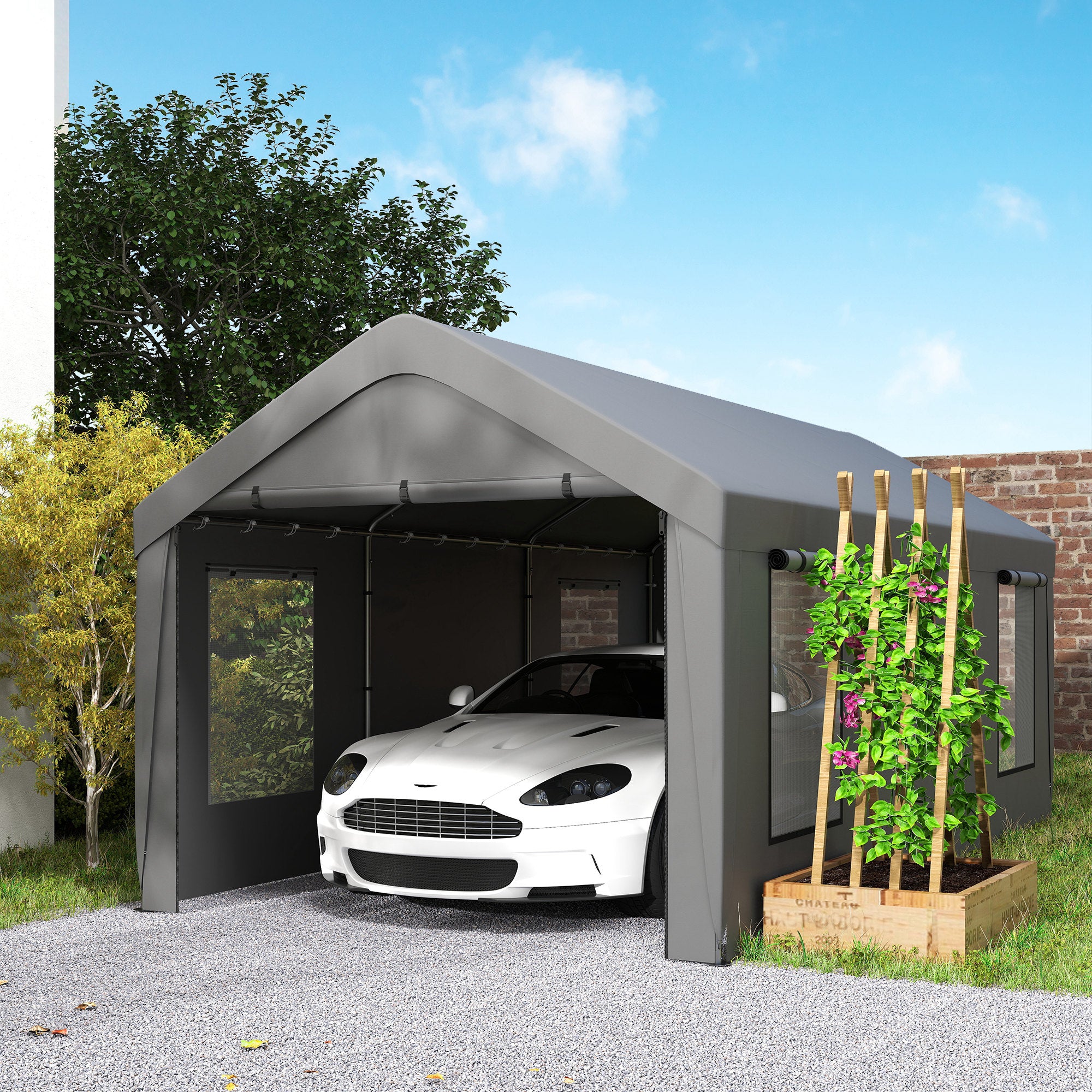 Outsunny Carport tente de garage 3 x 6 m abri voiture extérieur tente de stockage avec parois latérales amovibles, 2 portes enroulables et 4 fenêtres, carport pour voiture, camion, bateau, gris foncé