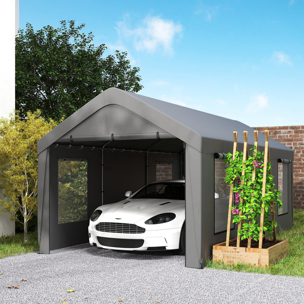 Carport tente de garage 3 x 6 m abri voiture extérieur tente de stockage avec parois latérales amovibles, 2 portes enroulables et 4 fenêtres, carport pour voiture, camion, bateau, gris foncé