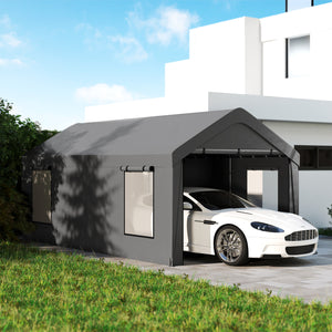 Carport tente de garage 3 x 6 m abri voiture extérieur tente de stockage avec parois latérales amovibles, 2 portes enroulables et 4 fenêtres, carport pour voiture, camion, bateau, gris foncé