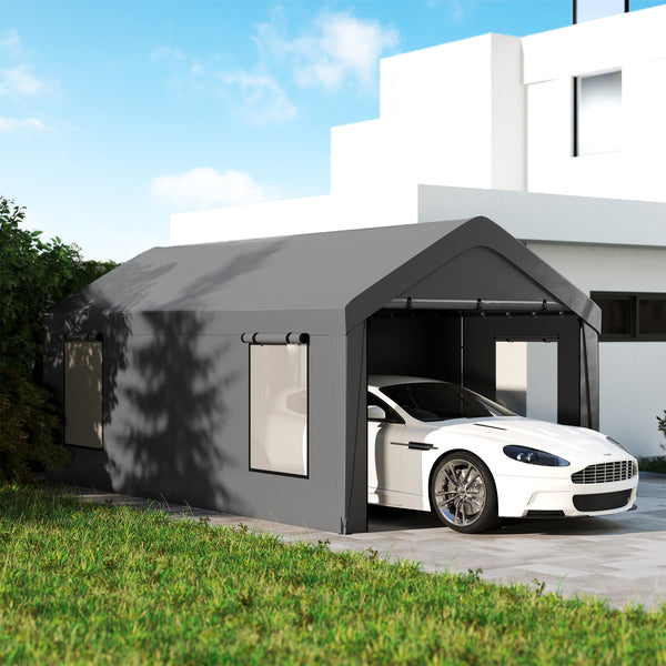 Carport tente de garage 3 x 6 m abri voiture extérieur tente de stockage avec parois latérales amovibles, 2 portes enroulables et 4 fenêtres, carport pour voiture, camion, bateau, gris foncé