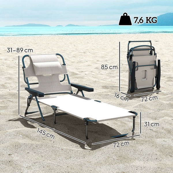 Bain de soleil chaise longue pliante avec appuie-tête, trou de lecture, dossier inclinable en textilène, transat jardin extérieur pour plage relax camping piscine terrasse, crème
