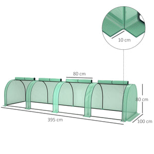 Mini Serre de Jardin mini serre tunnel serre à tomates 4 x 1 x 0,8 m Acier PE Haute densité 140 g/m² Anti-UV 4 portes avec Zip enroulables Vert