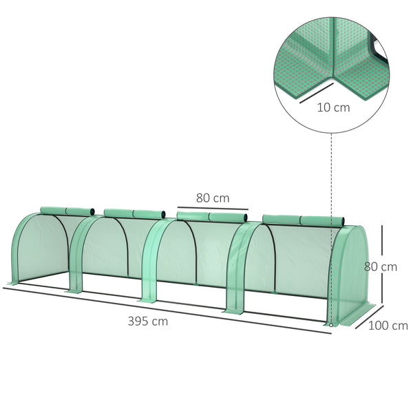 Mini Serre de Jardin mini serre tunnel serre à tomates 4 x 1 x 0,8 m Acier PE Haute densité 140 g/m² Anti-UV 4 portes avec Zip enroulables Vert