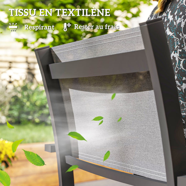 Lot de 4 chaises de jardin avec accoudoirs effet bois, chaises de salle à manger cadre en aluminium fauteuils d'extérieur en tissu respirant pour balcon, terrasse, gris clair