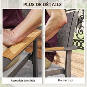 Lot de 4 chaises de jardin avec accoudoirs effet bois, chaises de salle à manger cadre en aluminium fauteuils d'extérieur en tissu respirant pour balcon, terrasse, gris clair