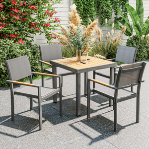 Lot de 4 chaises de jardin avec accoudoirs effet bois, chaises de salle à manger cadre en aluminium fauteuils d'extérieur en tissu respirant pour balcon, terrasse, gris clair