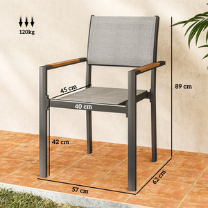 Lot de 4 chaises de jardin avec accoudoirs effet bois, chaises de salle à manger cadre en aluminium fauteuils d'extérieur en tissu respirant pour balcon, terrasse, gris clair