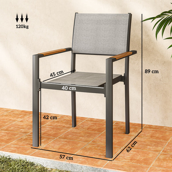 Lot de 4 chaises de jardin avec accoudoirs effet bois, chaises de salle à manger cadre en aluminium fauteuils d'extérieur en tissu respirant pour balcon, terrasse, gris clair